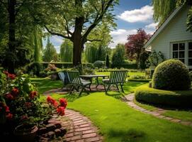 a elegante jardim para relaxar dentro a verão foto