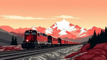 frete vermelho trem em montanha fundo foto