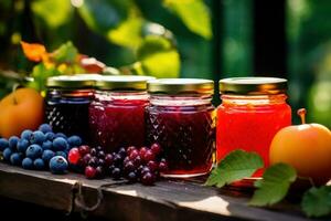 4 vidro frascos com fruta geléia, geléia, marmelada ou compota, fruta beber em uma de madeira mesa ao ar livre contra uma fundo do verde folhagem. fresco maçãs e bagas próximo. casa conservas. eco ai gerado foto