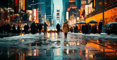 noite Nevado Natal americano cidade Novo Iorque, Novo ano feriado, borrado fundo - ai gerado imagem foto