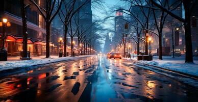 noite Nevado Natal americano cidade Novo Iorque, Manhattan área, Novo ano, borrado fundo - ai gerado imagem foto