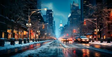 noite Nevado Natal americano cidade Novo Iorque, Manhattan área, Novo ano, borrado fundo - ai gerado imagem foto