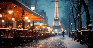 noite Nevado Natal Paris, Novo ano feriado, borrado fundo - ai gerado imagem foto