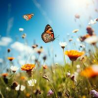 grupo do borboletas tremulando sobre uma Prado do flores silvestres debaixo uma sem nuvens azul céu ai generativo foto