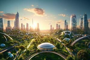 pôr do sol sobre futurista cidade com arranha-céus verde integração e digital outdoors do inteligente urbano vivo ai generativo foto