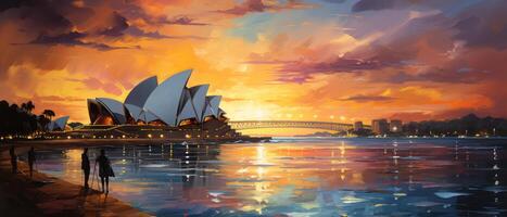 Sydney ópera casa às pôr do sol, Austrália. digital óleo cor pintura ilustração. ai gerado. foto