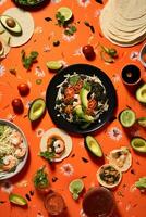 a internacional festa a partir de acima, uma unificador espalhar do Sushi, massa, e tacos em uma vibrante toalha de mesa ai generativo foto