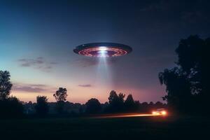 misterioso UFO avistamento dentro a crepúsculo céu emitindo a iridescente brilho e hipnotizante luz padrões ai generativo foto