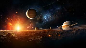 majestoso panorama do a solar sistema a partir de a exterior aro apresentando vibrante planetas contra uma cravejado de estrelas pano de fundo ai generativo foto