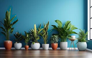 a interior em vaso plantas decoração dentro moderno quarto com uma de madeira chão e azul muro. ai generativo foto