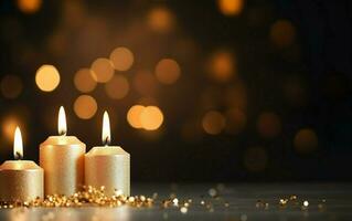 romântico dourado velas em mesa com brilho. borrado espumante bokeh fundo. Natal luzes. cópia de espaço para feriado cartão. ai generativo foto