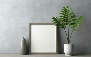 de madeira quadrado quadro, Armação brincar em cinzento parede com verde tropical plantar dentro vaso, em branco vertical quadro, Armação com cópia de espaço. moderno interior brincar. ai generativo foto