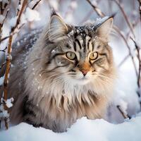 uma gato é sentado dentro a neve madeiras olhando às Câmera ai generativo foto