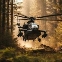 arafado helicóptero vôo através a ar dentro uma floresta. generativo ai. foto
