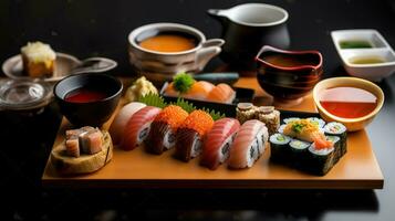 misturar do japonês Comida em restaurante mesa. generativo ai foto