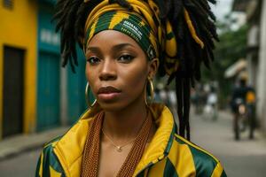 retrato do uma mulher dentro streetwear em a rua. pró foto