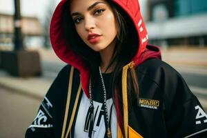 retrato do uma mulher dentro streetwear em a rua. pró foto