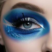uma mulher com azul Maquiagem e sombra ai generativo foto