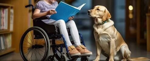 menina dentro cadeira de rodas lendo livro com serviço cachorro de dela lado dentro de casa. generativo ai foto