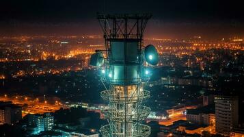 antena para a 5g celular rede no topo uma comunicações torre dentro uma período noturno metrópole. generativo ai foto