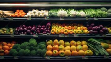 fresco frutas e legumes em a estante dentro a supermercado. generativo ai foto