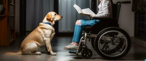 menina dentro cadeira de rodas lendo livro. ao lado dela fiel serviço cachorro. generativo ai foto