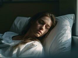 uma mulher deitado dentro cama com dela olhos fechadas ai generativo foto