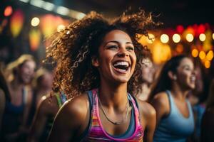 vibrante zumba dança ginástica classe dentro açao às uma movimentado moderno ginástica clube foto