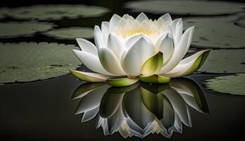 uma branco lótus flor é flutuando em lagoa com lírio almofadas ai generativo foto