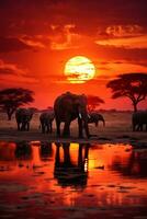 deslumbrante africano safári cena às pôr do sol com elefantes, girafas, e zebras debaixo uma fogosa céu ai generativo foto