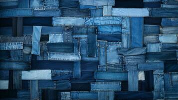 criativo patchwork do jeans texturas dentro vários tons do azul, ideal para centrado na juventude moda anúncios ai generativo foto