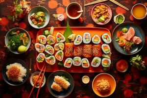 a internacional festa a partir de acima, uma unificador espalhar do Sushi, massa, e tacos em uma vibrante toalha de mesa ai generativo foto