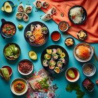 a internacional festa a partir de acima, uma unificador espalhar do Sushi, massa, e tacos em uma vibrante toalha de mesa ai generativo foto