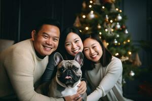 retrato do homem e mulher abraçando fofa francês buldogue. animal conceito foto