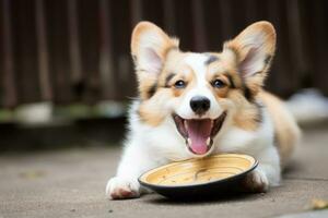 fofa galês corgi cachorro esperando para comer Comida foto