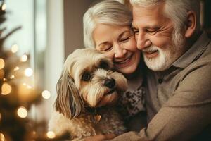 retrato do homem e mulher abraçando fofa shih tzu cachorro. animal conceito foto