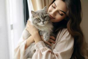 retrato do jovem mulher abraçando fofa gato.pet concept.ai gerado foto