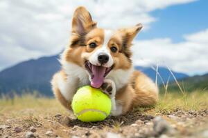 fofa galês corgi cachorro jogando tênis bola. engraçado fofa cachorro jogar brinquedo. foto