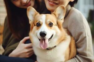 retrato do homem e mulher abraçando fofa corgi cachorro. animal conceito foto