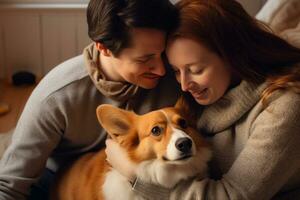 retrato do homem e mulher abraçando fofa corgi cachorro. animal conceito foto