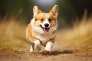 fofa galês corgi cachorro corrida em a campo foto