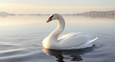 uma solitário cisne nada dentro uma calma mar realista. ai geração foto