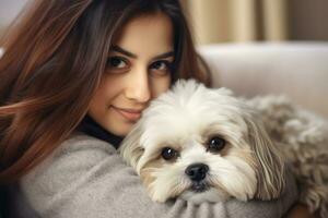 retrato do homem e mulher abraçando fofa cachorro. animal conceito foto