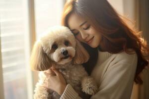 retrato do homem e mulher abraçando fofa cachorro. animal conceito foto