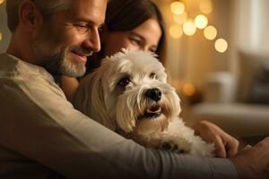 retrato do homem e mulher abraçando fofa shih tzu cachorro. animal conceito foto