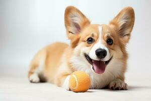 fofa galês corgi cachorro jogando tênis bola. engraçado fofa cachorro jogar brinquedo. foto