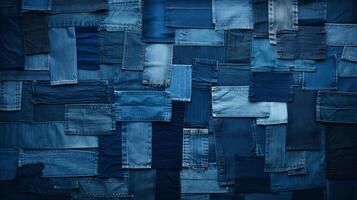 criativo patchwork do jeans texturas dentro vários tons do azul, ideal para centrado na juventude moda anúncios ai generativo foto