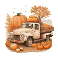 velho escolher acima carro em a fundo do outono árvores, abóboras, outono gráficos foto