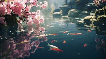 etéreo imagem do uma tranquilo koi lagoa cercado de florescendo cereja flores ai generativo foto
