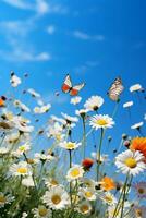 grupo do borboletas tremulando sobre uma Prado do flores silvestres debaixo uma sem nuvens azul céu ai generativo foto